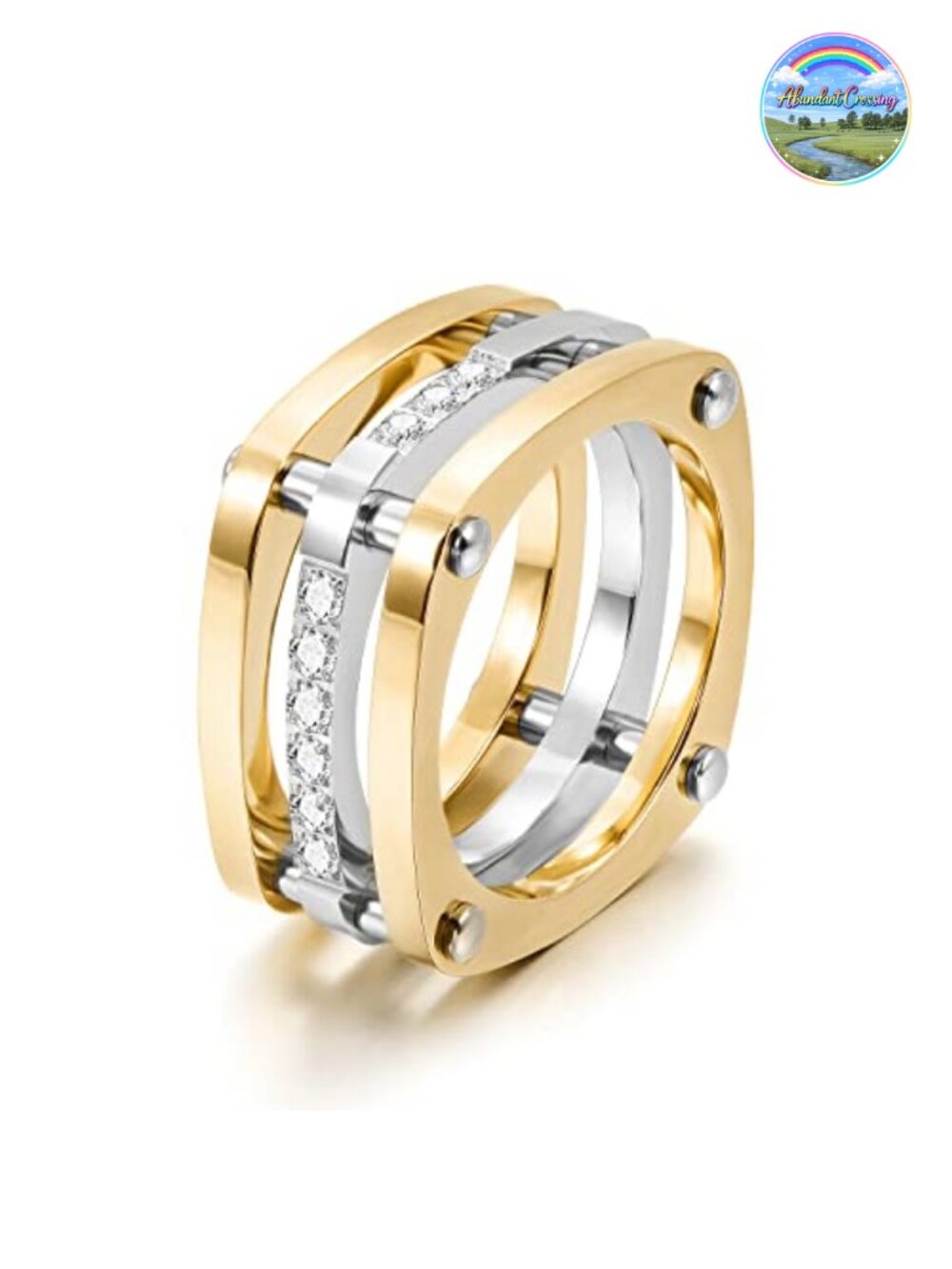 14K Gold Plated Statement Ring Chunky Cubic Zirconia Two-Tone Band